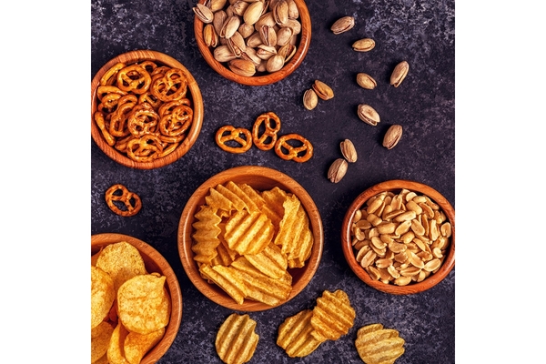 Image Assorted snack foods in bowls